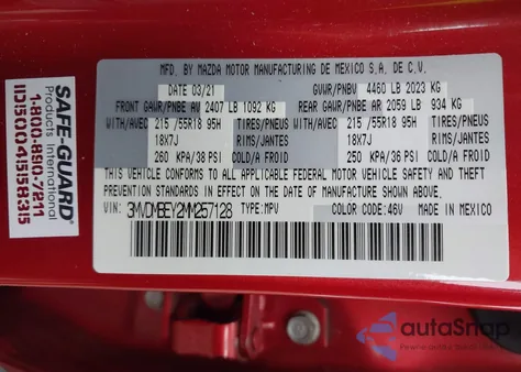 2021 Mazda Cx-30 2.5 Turbo Premium Plus z USA, uszkodzony, nr VIN 3MVDMBEY2MM257128